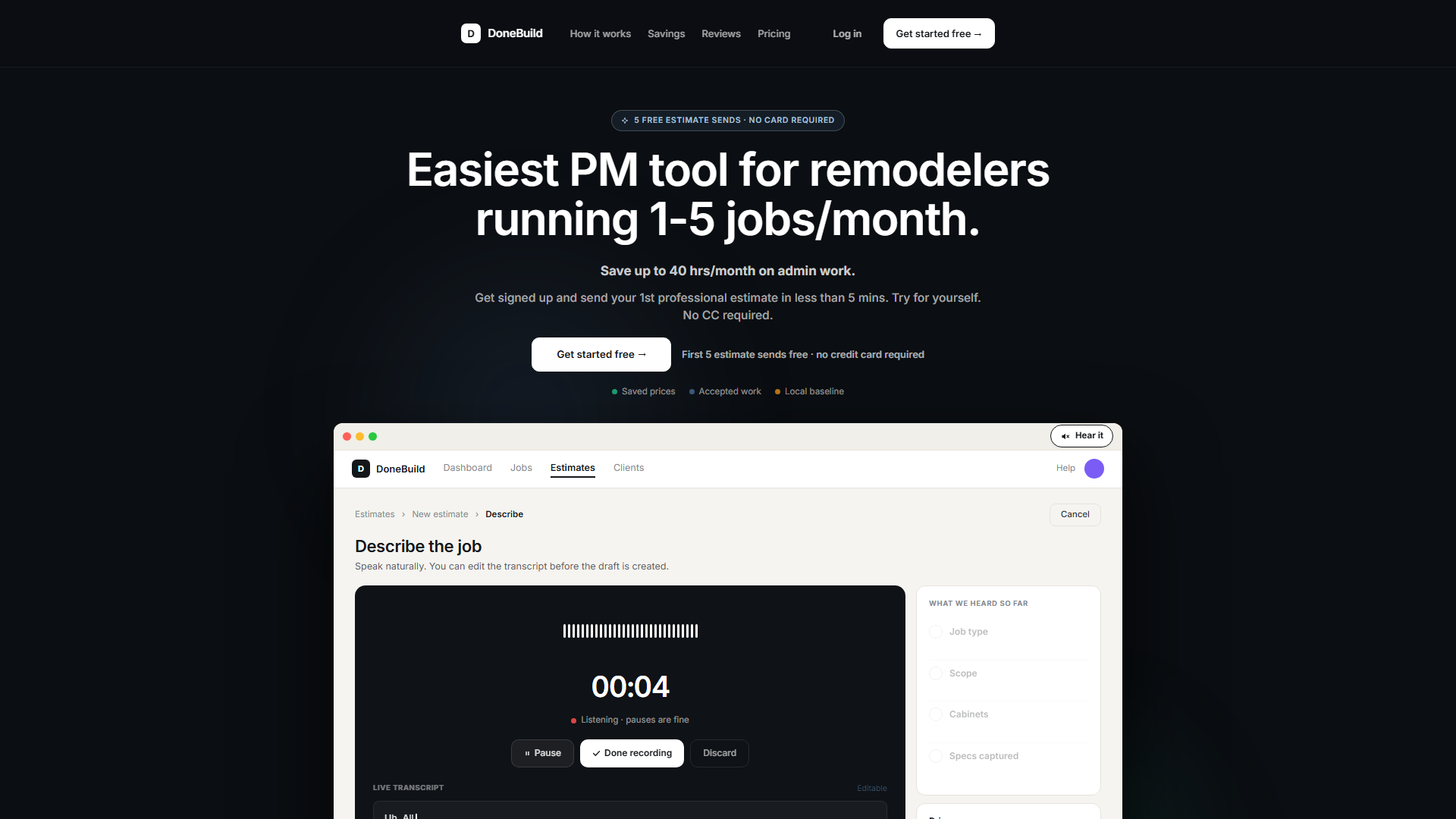 DoneBuild landing page with its voice-to-estimate product demonstration